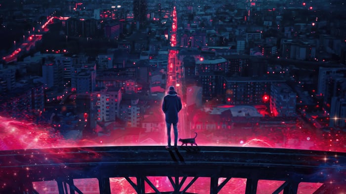 Man and cat on a bridge overlooking a neon city