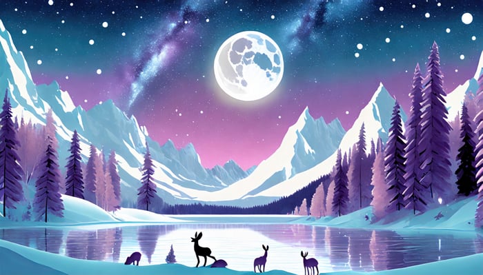 Deer by a lake under the moon and stars