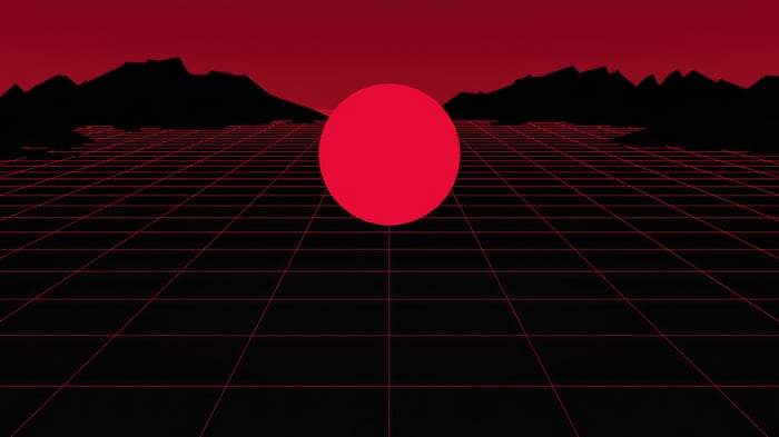 Red Neon Grid Landscape with Mountains and Sun