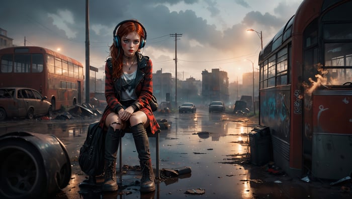 Girl in Devastated City with Headphones