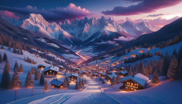 Winter Village in the Alps at Dusk