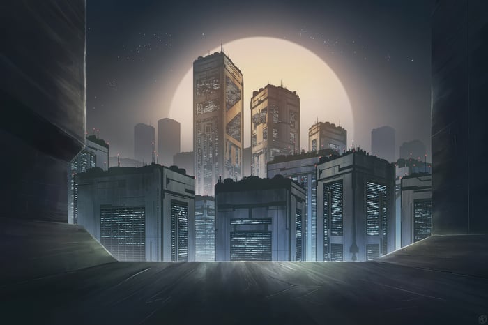 New Port City at Dusk with Large Moon