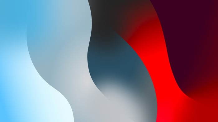 Abstract waves of blue, gray, red, and dark purple