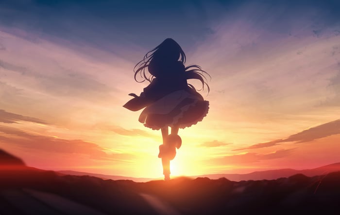 Anime girl silhouette against a sunset sky