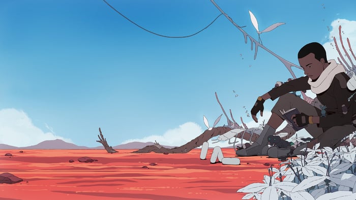 Scavengers Reign: A lone figure sits in a desolate landscape