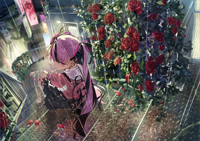 Anime girl with pink hair sitting on stairs in the rain