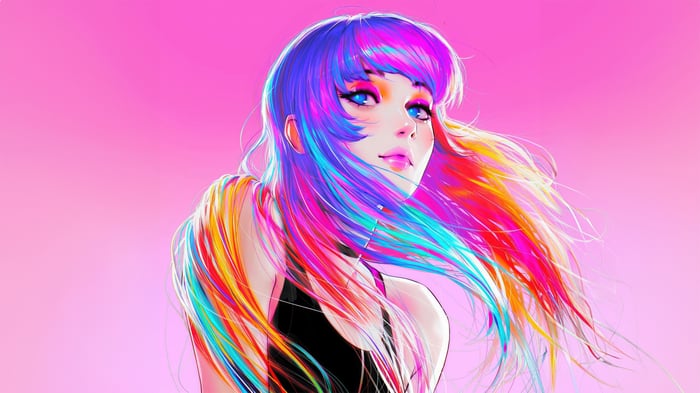 Girl with colorful hair on pink background