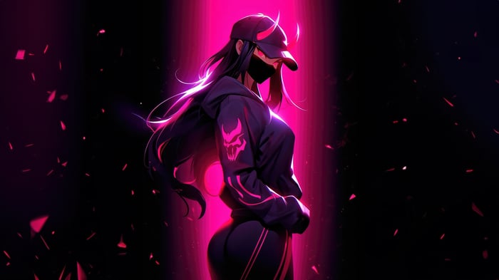 Anime girl with horns and mask in pink light