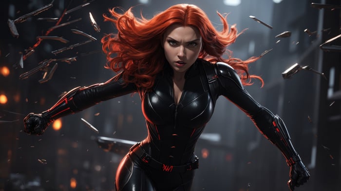 Black Widow in a black suit with red accents