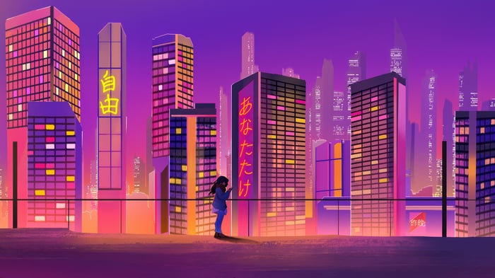 Girl on a rooftop overlooking a neon cityscape