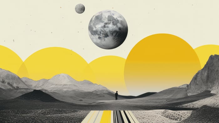 Collage of a lone figure in a surreal landscape