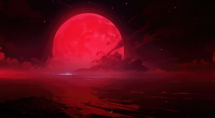 Red Moon Over a Dark, Reflective Landscape