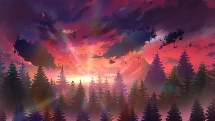 Sunrise over a pine forest with mountains