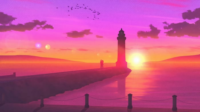 Sunset with a couple and a lighthouse