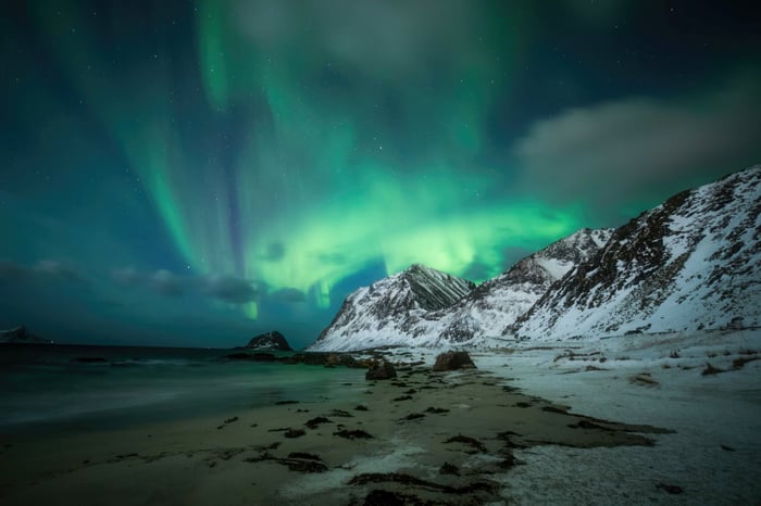 Aurora Borealis over Haukland Beach, Lofoten, Norway