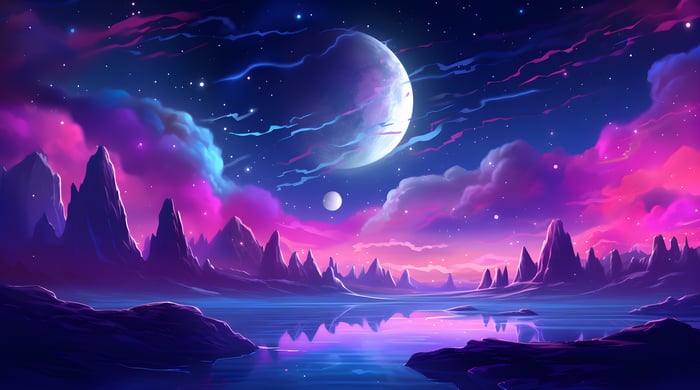 Dreamy alien landscape with planets and colorful clouds
