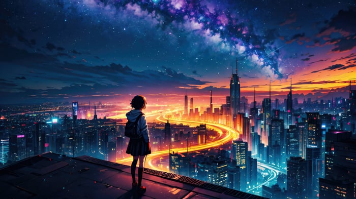 Anime girl looking at a futuristic city under a starry sky