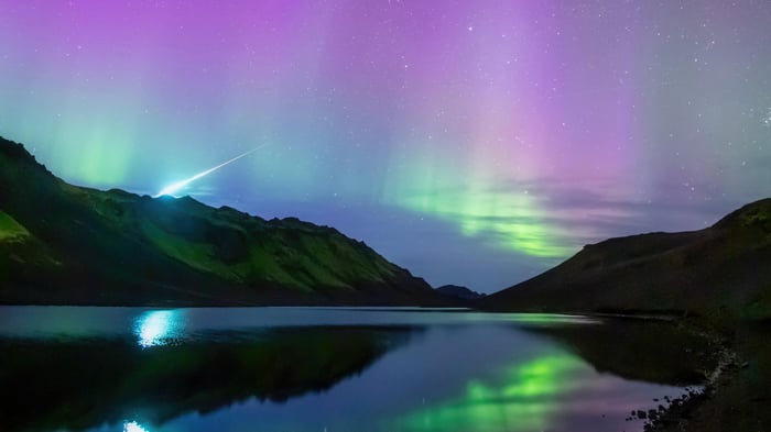 Aurora Borealis over Langjökull glacier lagoon, Iceland