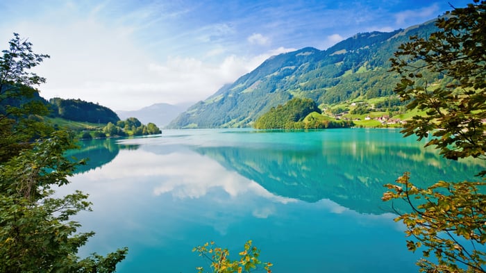 Turquoise lake reflecting mountains and trees