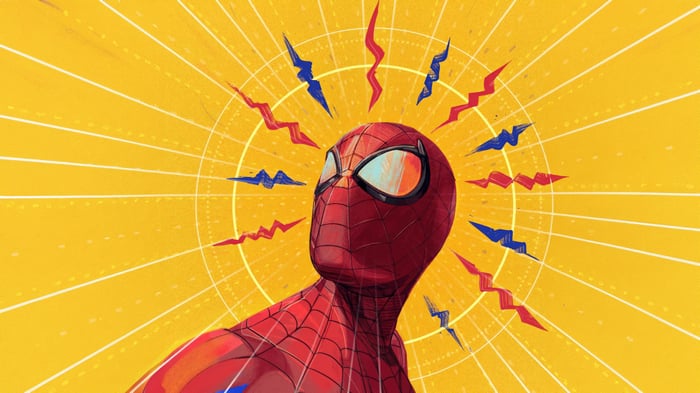 Spider-Man with a radiating yellow background