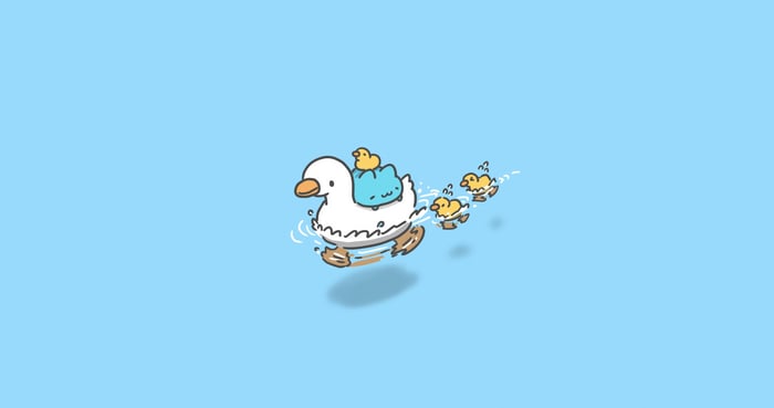 A mother duck and her ducklings swimming