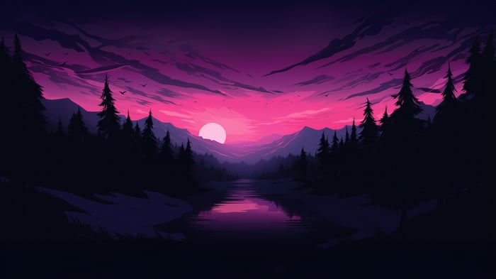 Synthwave Style Morning In Snowy Mountains