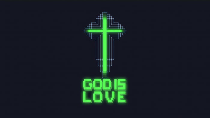 Pixelated Green Cross and "GOD IS LOVE" Text