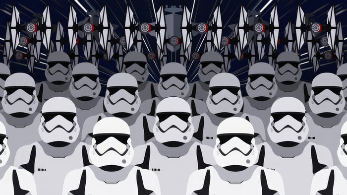Stormtroopers and TIE Fighters in formation