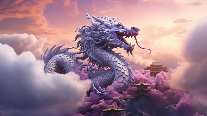 A majestic white dragon emerges from clouds amidst cherry blossoms and pagodas.