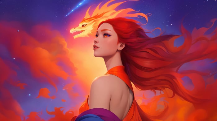 Woman with Red Hair and Dragon in Fiery Sky