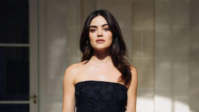 Lucy Hale in a black strapless dress