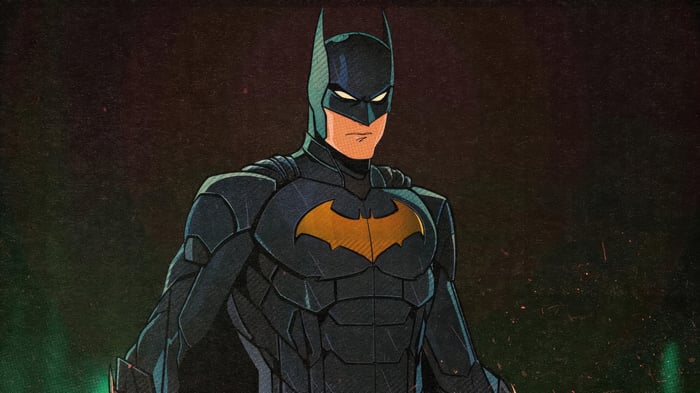 Batman in a dark armored suit with a yellow bat symbol
