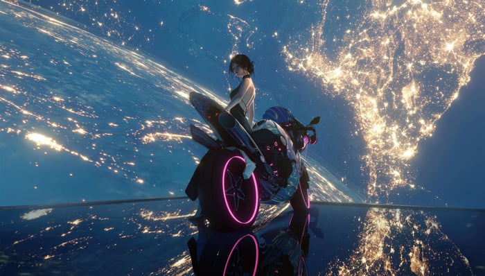Girl on a futuristic motorcycle overlooking Earth at night