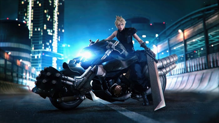 Cloud Strife on his motorcycle in Final Fantasy VII Remake