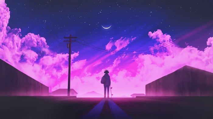 Person with Skateboard Under Pink Clouds and Crescent Moon