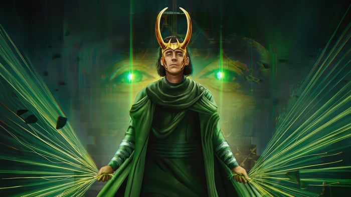 Loki with Green Energy and Eyes in Background