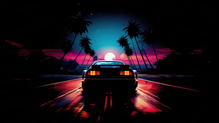 Delorean driving into an outrun sunset