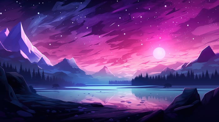 Minimalist Mountains and Lake Under a Starry Sky