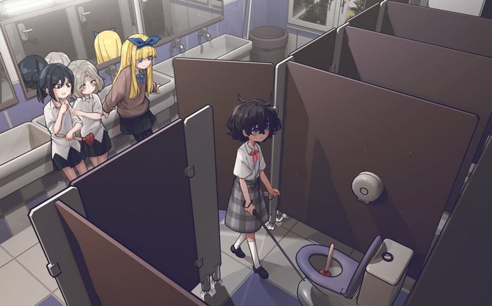 Girls in a school bathroom with a plunger