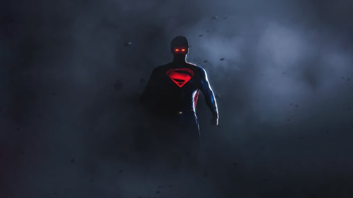 Superman with glowing red eyes and symbol