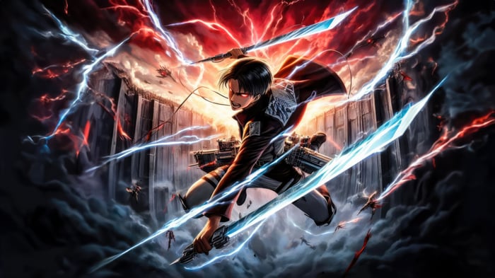 Levi Ackerman fighting with swords and lightning