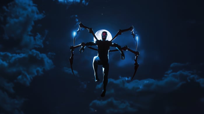 Spider-Man Iron Spider Suit in front of the moon