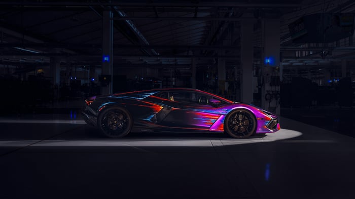 Lamborghini Revuelto Opera Unica in a dark factory