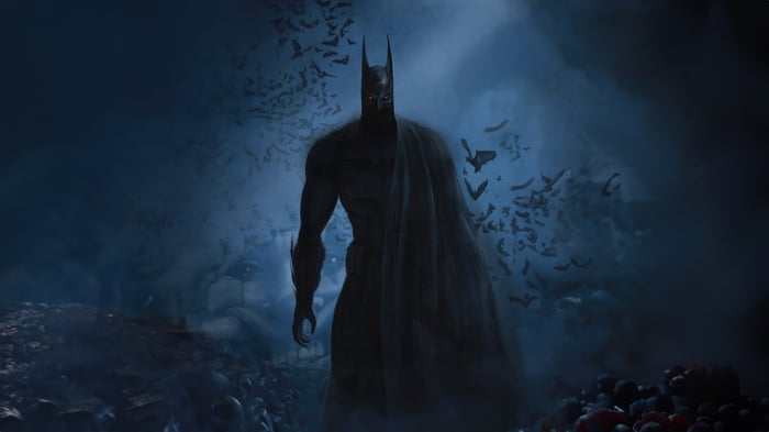 Batman in a dark, misty environment with bats