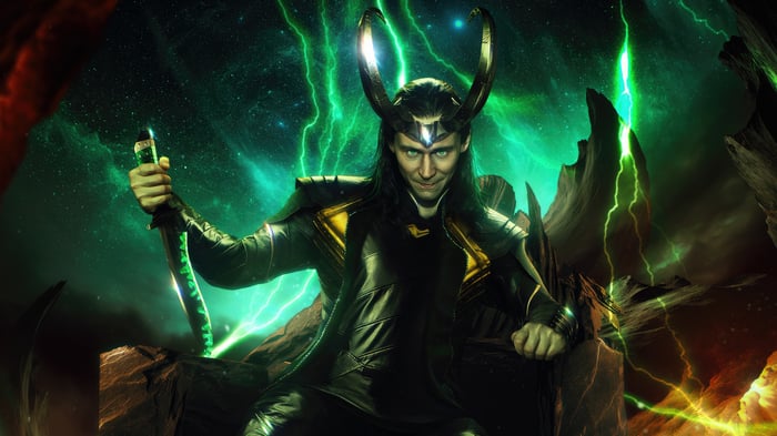 Loki sitting on a throne with a sword