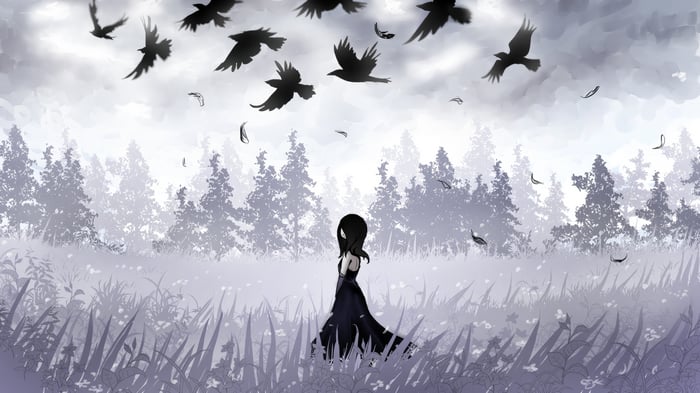 Girl in a dark dress with crows flying overhead