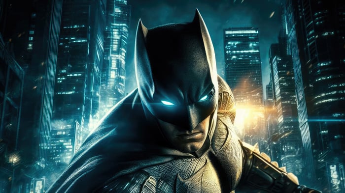 Batman in a futuristic cityscape