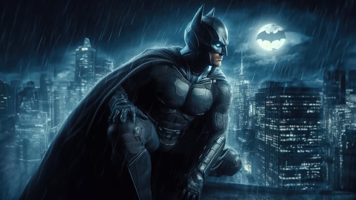 Batman Crouching on a Rooftop in Gotham City