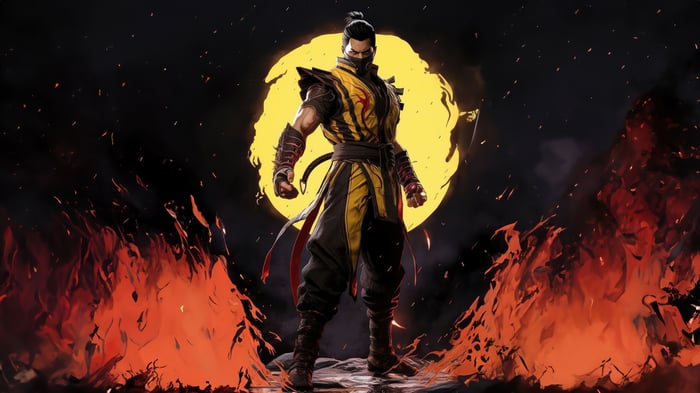 Scorpion from Mortal Kombat surrounded by fire