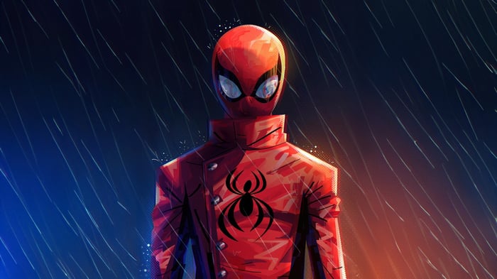 Miles Morales in a red Spider-Man jacket in the rain